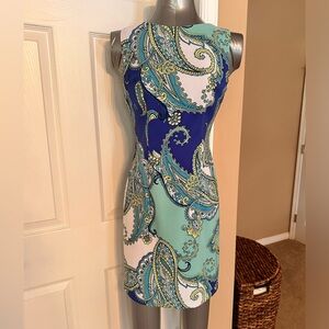 Women’s sheath sleeveless stretch dress, blue & green Paisley.